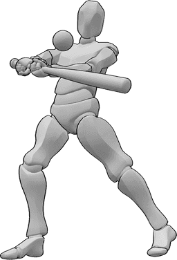 Referência de poses- Pose de basebol masculina - Um jogador de basebol masculino está a bater na bola com um taco de basebol