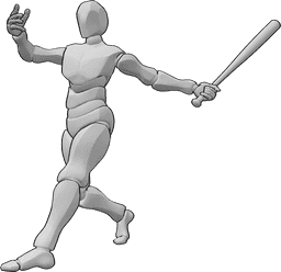 Riferimento alle pose- Posa dinamica del baseball - Giocatore di baseball maschio in posa dinamica, tiene una mazza da baseball nella mano sinistra