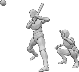 Posen-Referenz- Männliche Wartende in Baseball-Pose - Zwei männliche Spieler spielen Baseball und warten auf den nächsten Ball.
