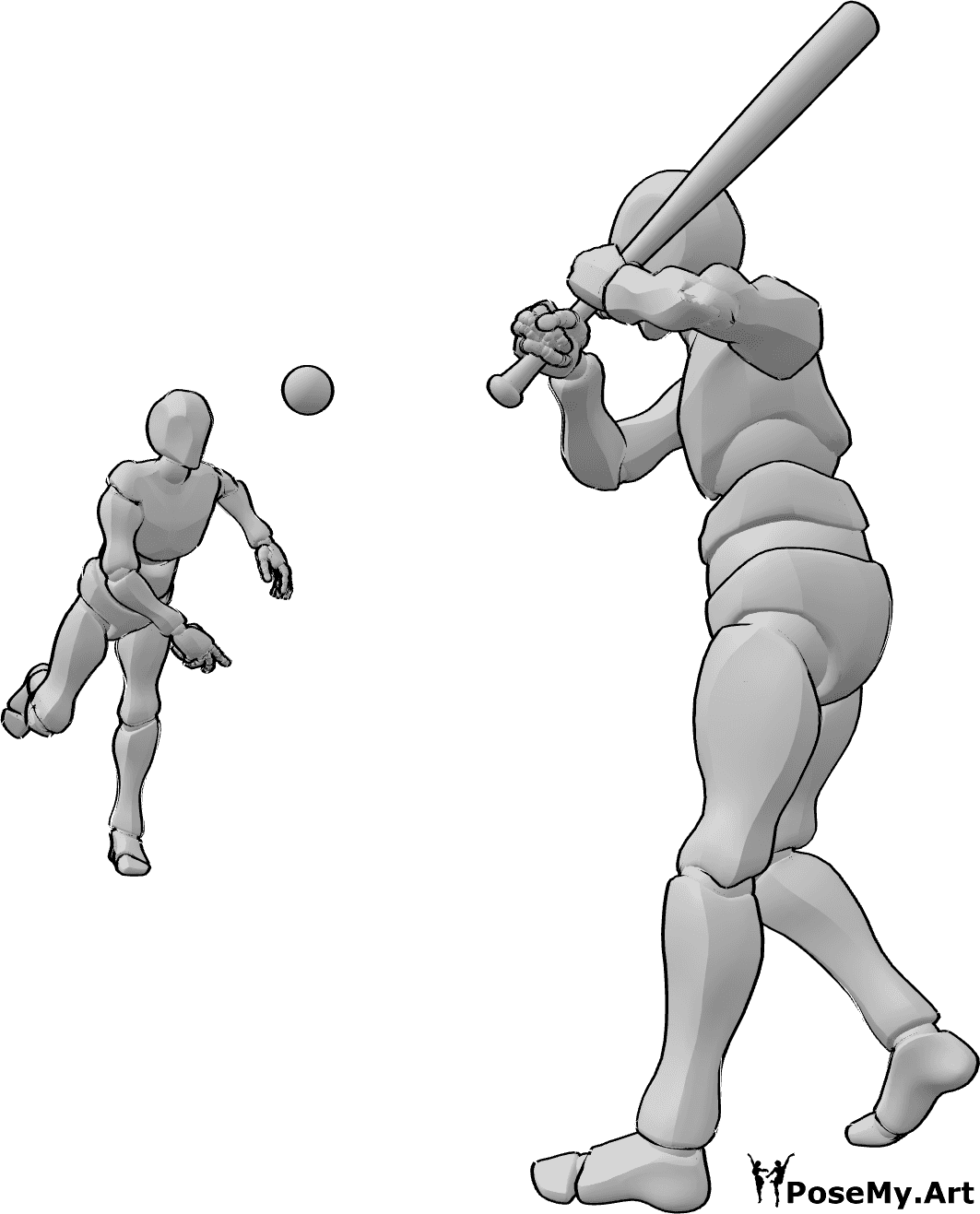 Pose Reference- Baseball exercise pose - Two male baseball players are exercising to throw and hit the ball