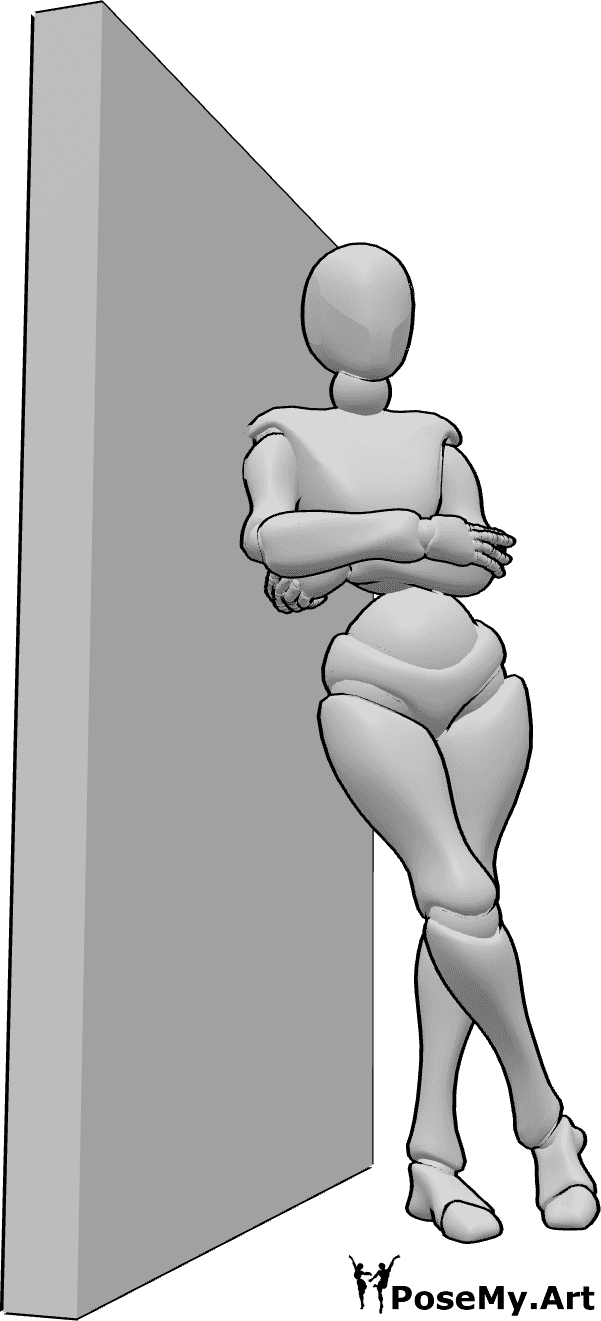 Pose Reference- Leaning against wall pose - Female is standing and leaning against the wall, keeping her arms crossed