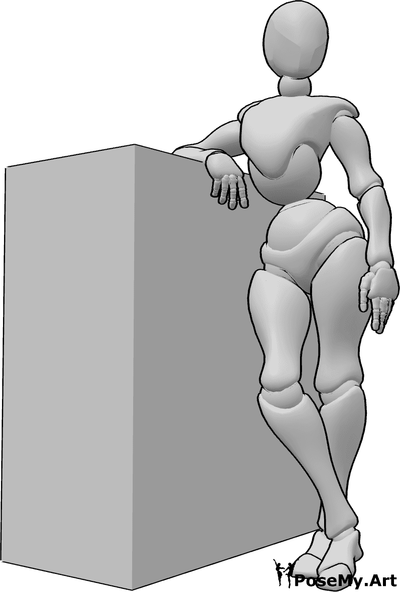 Pose Reference- Female bar counter pose - Female is standing and leaning on the bar counter, her legs are crossed, looking to the left