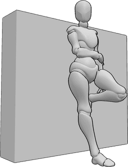 Posen-Referenz- Weibliche Pose des angewinkelten Beins - Frau lehnt mit dem Rücken und dem linken Bein an der Wand und schaut nach rechts