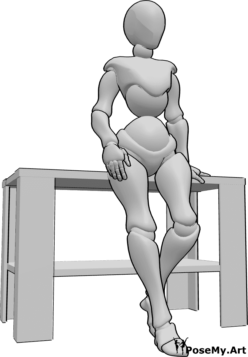 Pose Reference- Female leaning table pose - Female is leaning on the table and looking forward