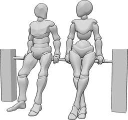 Posen-Referenz- Weiblich männlich lehnende Pose - Frau und Mann lehnen an der Absperrung und schauen sich an