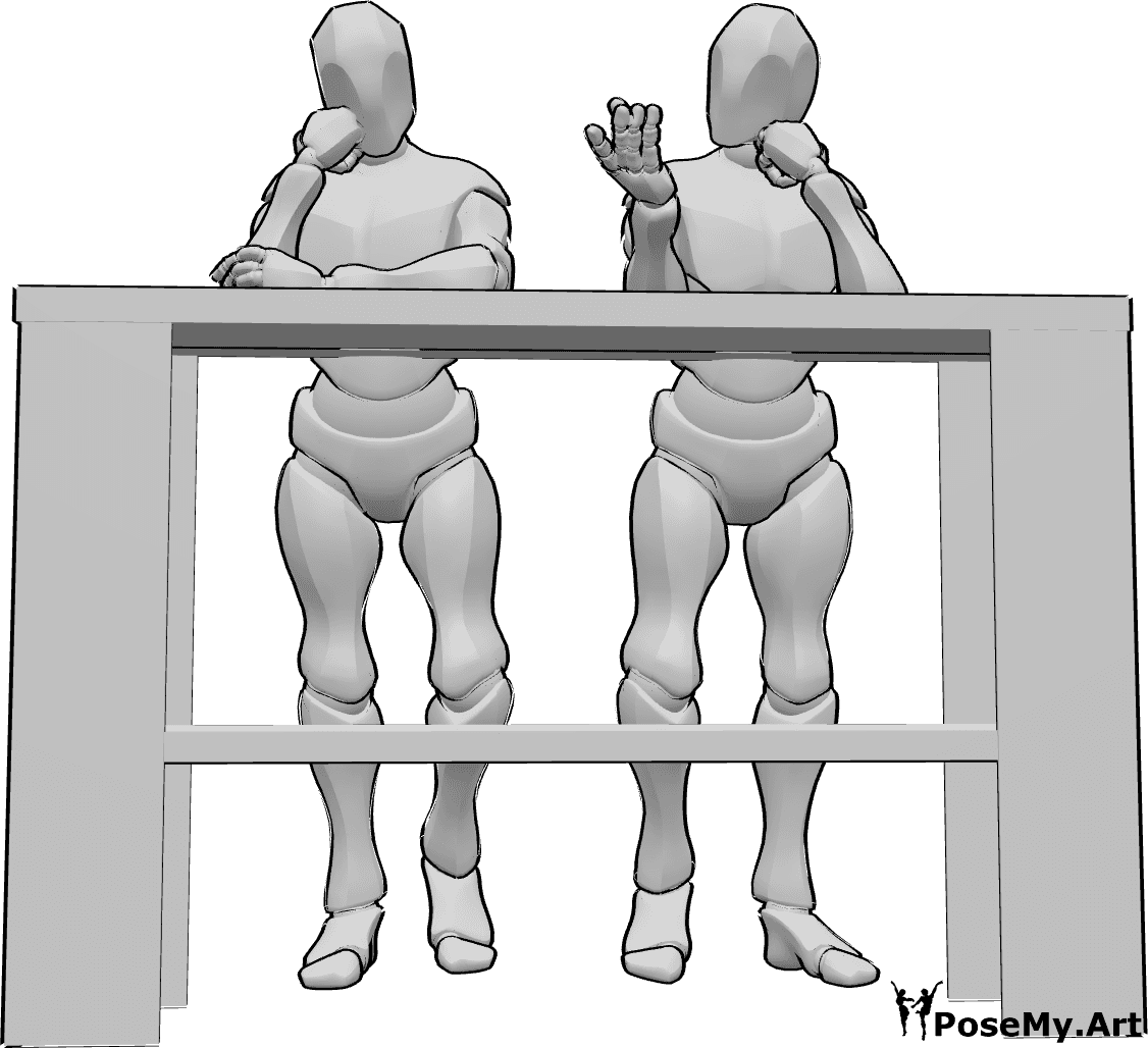 Pose Reference- Males bar counter pose - Two males are standing, leaning against the bar counter and talking