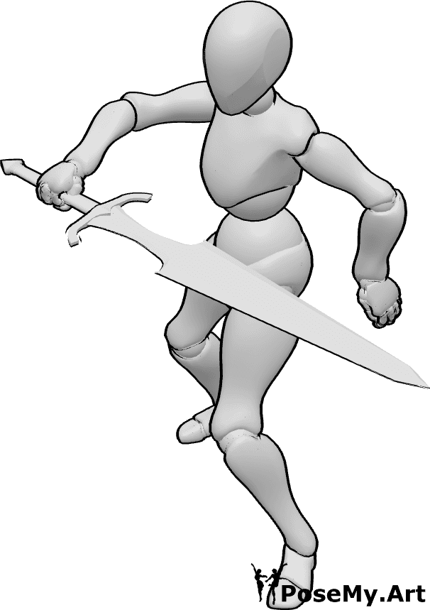 Pose Reference- Sword front slash pose - Female front slashing with her sword