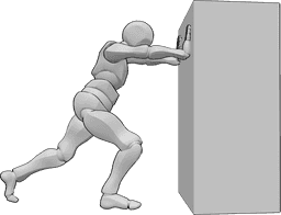 Posen-Referenz- Pose des Schiebens schwerer Gegenstände - Mann steht und schiebt einen schweren Gegenstand kräftig weg