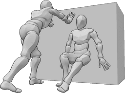 Posen-Referenz- Zwei Männer, die eine Pose einnehmen - Zwei männliche Personen schieben gemeinsam einen großen und schweren Gegenstand