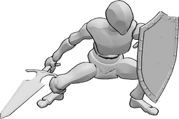 Referencia de poses- Postura con espada y escudo - Varón agachado defendiéndose con un escudo y empuñando una espada