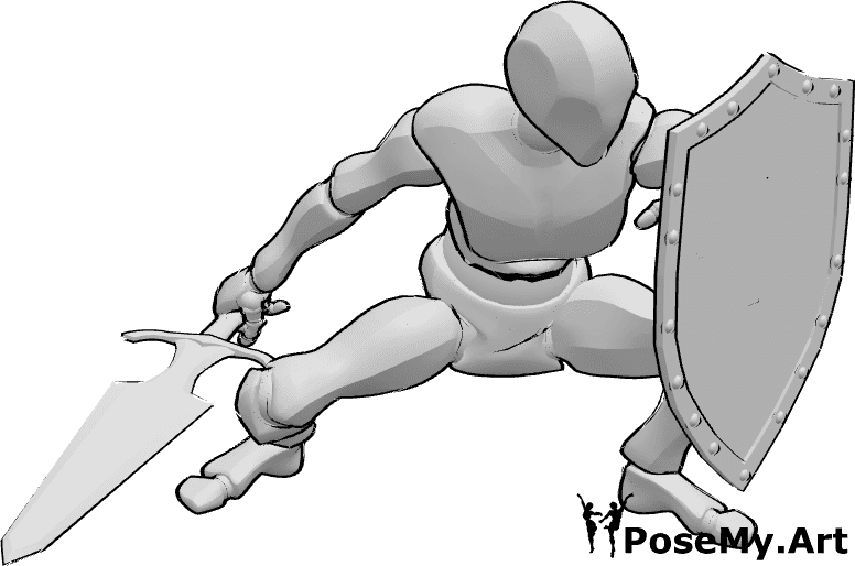 Pose Reference- Sword and shield pose - Male crouching while defending with a shield and holding a sword