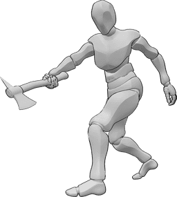 Referência de poses- Pose de ataque do machado para baixo - Homem está a atacar para baixo com um machado na mão direita