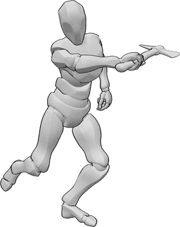 Referencia de poses- Postura de ataque con hacha - Macho ataca con un ataque giratorio de izquierda a derecha con un hacha en su mano derecha