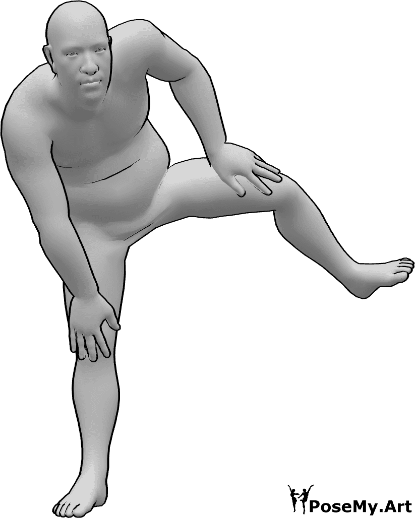 Pose Reference- Sumo wrestler leg pose - Male sumo wrestler is standing and raising his left leg, keeping his hands on his knees