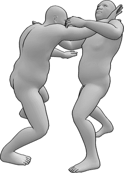Referencia de poses- Sumo wrestling pose de ataque - Dos luchadores masculinos de sumo están luchando, uno ataca con éxito al otro luchador