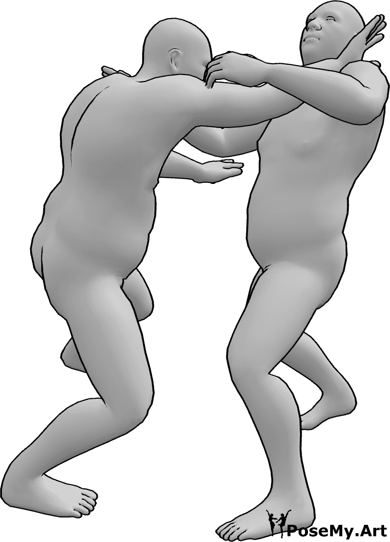 Pose Reference- Sumo wrestling attack pose - Two male sumo wrestlers are wrestling, one successfully attacks the other wrestler