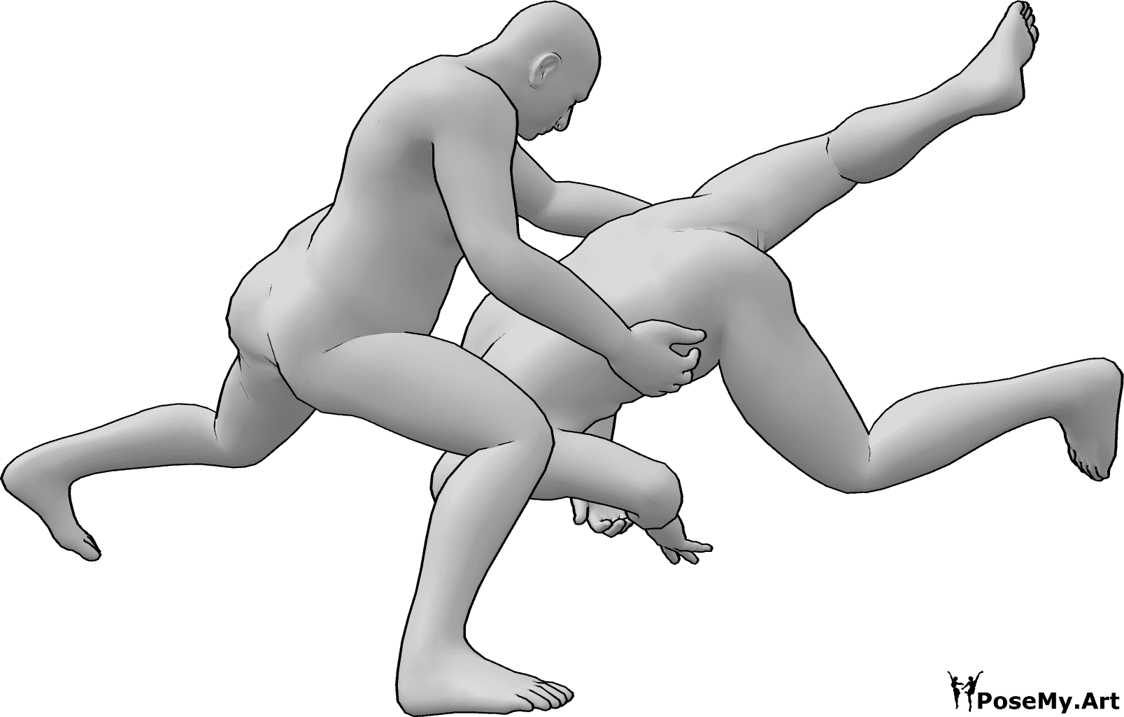 Pose Reference- Sumo wrestling discard pose - Two male sumo wrestlers, one of them successfully discards the other while wrestling