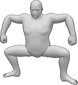 Posen-Referenz- Vorbereitung der Ringer-Pose - Männlicher Sumo-Ringer bereitet sich auf den Angriff vor und zeigt seine Muskeln