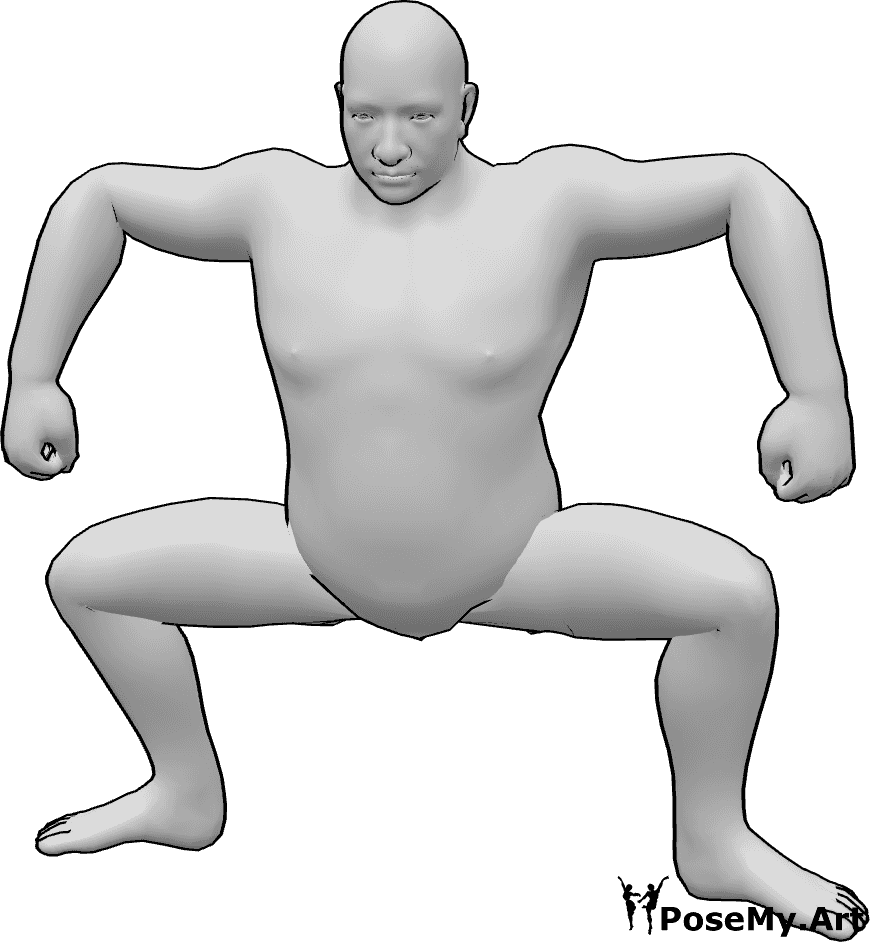 Pose Reference- Preparing wrestling pose - Male sumo wrestler is preparing for the attack and showing his muscles