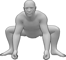 Referência de poses- Pose de lutador com os punhos agachados - Lutador de sumo masculino agachado com os punhos no chão