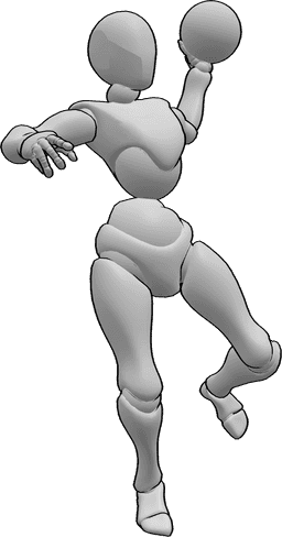 Referência de poses- Pose de lançamento de andebol com salto - Jogadora de andebol salta e lança a bola de andebol com a mão esquerda