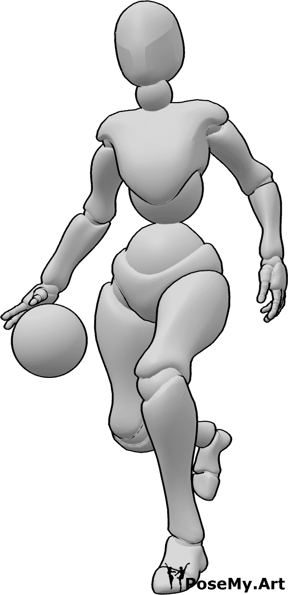 Pose Reference- Female dribbling handball pose - Female handball player is dribbling, running with the handball and looking ahead