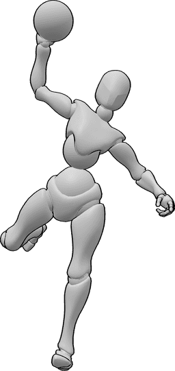 Referência de poses- Pose da mão direita do andebol de arremesso - A mulher está de pé e atira a bola de mão com a mão direita