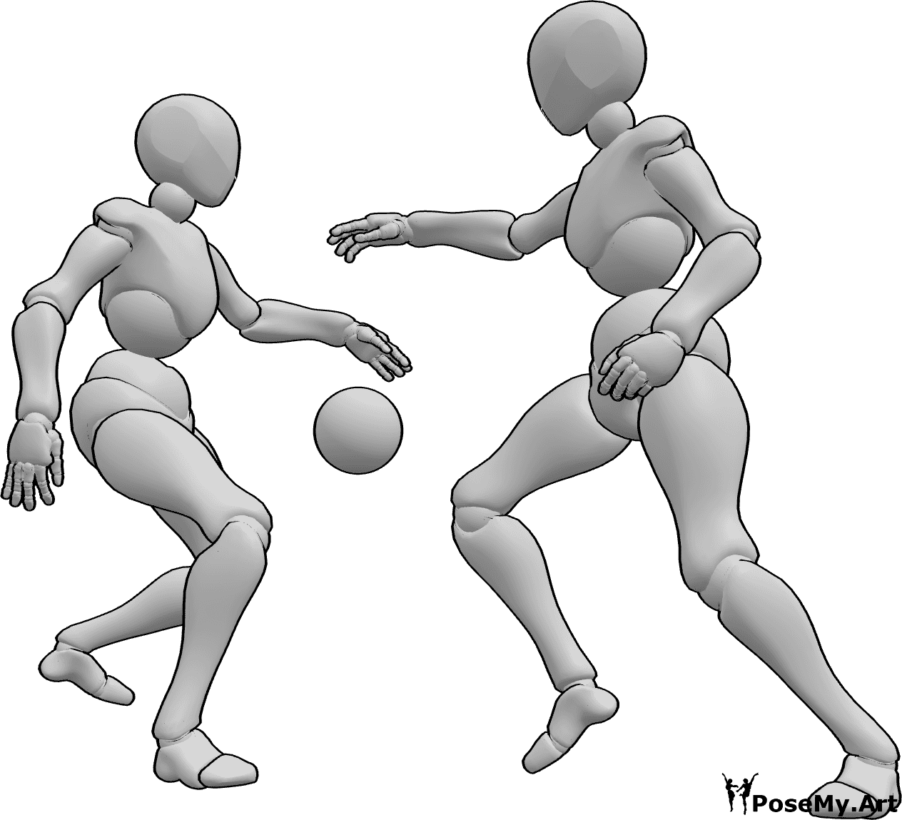 Pose Reference- Female players dribbling pose - Two females are playing handball, one of them is dribbling, the other one is trying to catch the ball
