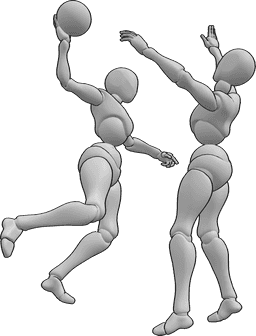 Referência de poses- Jogadoras a fazer pose - Duas mulheres estão a jogar andebol, uma delas está a saltar e a passar a bola