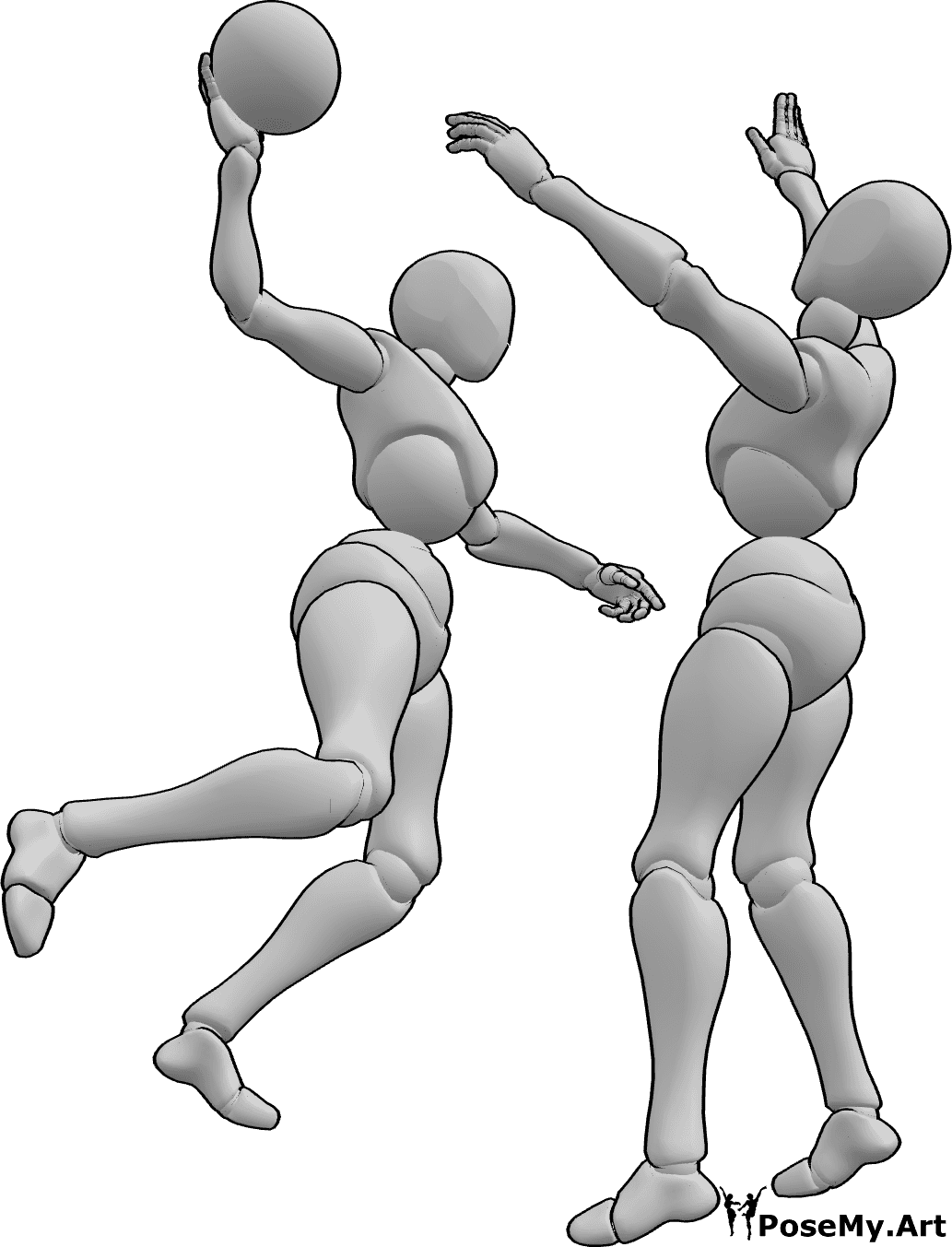 Pose Reference- Female players passing pose - Two females are playing handball, one of them is jumping and passing the ball