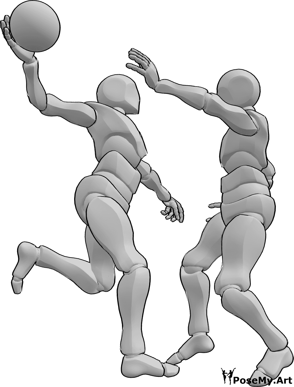 Pose Reference- Male players passing pose - Two males are playing handball, one of them is jumping and passing the ball