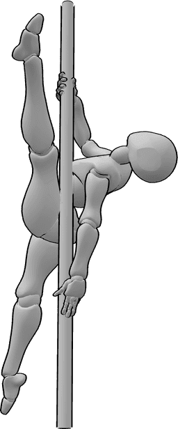 Referência de poses- Pole dance pose dividida - Uma bailarina segura o varão com as duas mãos e faz um split no ar