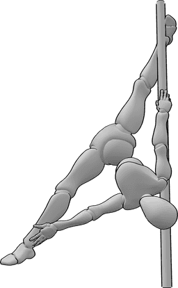 Posen-Referenz- Umgekehrte Split-Pose - Weibliche Pole-Tänzerin führt einen Spagat kopfüber an der Stange aus