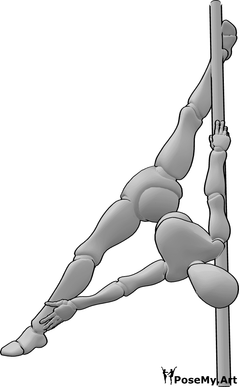 Pose Reference- Upside down split pose - Female pole dancer is performing a split upside down on the pole