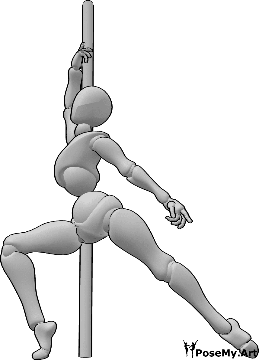 Pose Reference- Pole dancer pose - Female pole dancer is standing and posing, holding the pole with her right hand