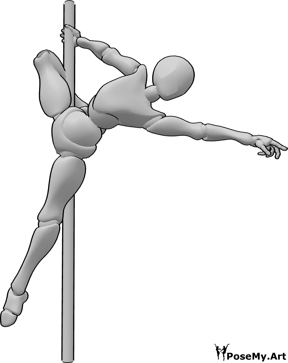 Pose Reference- Female pole dance pose - Female pole dancer is holding the pole with her right hand and right leg