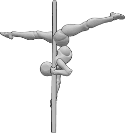Posen-Referenz- Tanzen in geteilter Pose - Weibliche Pole-Tänzerin tanzt an der Stange, macht einen Spagat in der Luft auf dem Kopf