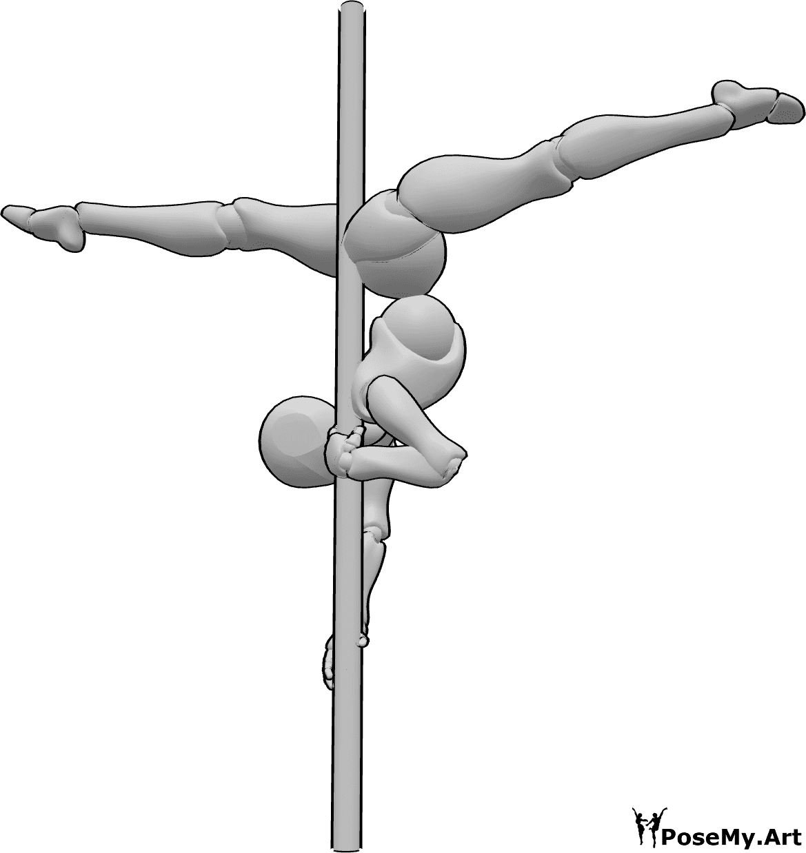 Pose Reference- Dancing split pose - Female pole dancer is dancing on the pole, doing a split in the air upside down