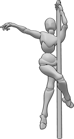 Posen-Referenz- Pole-Dancing-Pose - Eine Pole-Tänzerin tanzt an der Stange und hält sie mit der linken Hand und dem rechten Bein.