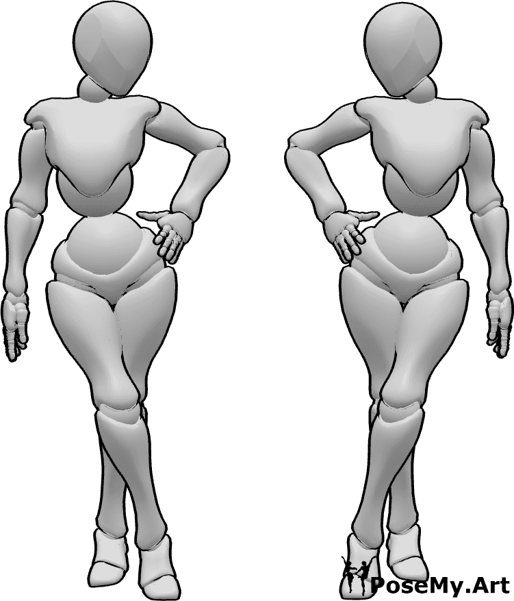 Pose Reference- Females standing with legs crossed - Females standing with legs crossed looking at each other (looking at the mirror of herself)