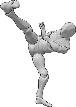 Referencia de poses- Postura de patada lateral alta - Capoeira masculina pose de patada lateral alta con el pie derecho