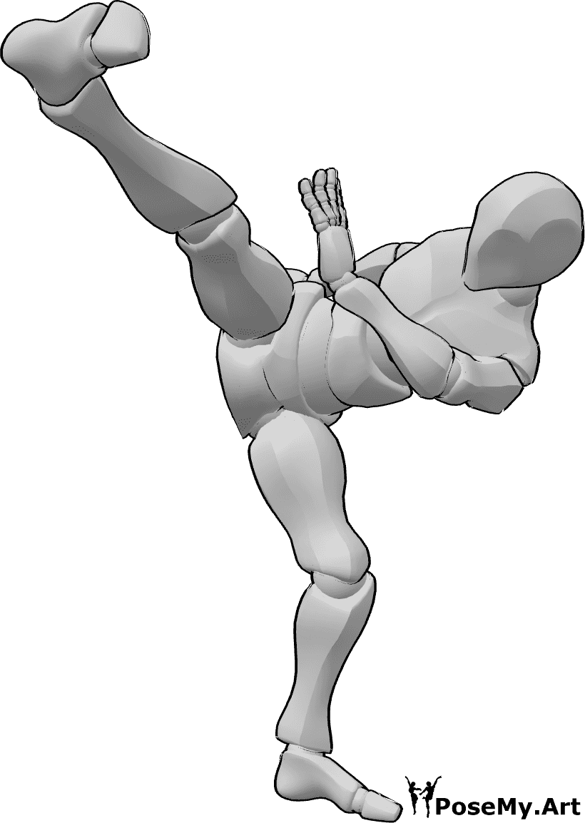 Pose Reference- High side kick pose - Male capoeira high side kicking pose with right foot