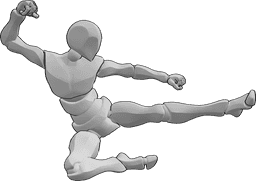 Référence des poses- Pose masculine de coup de pied aérien - Coup de pied latéral dynamique de l'homme en l'air, avec le pied gauche