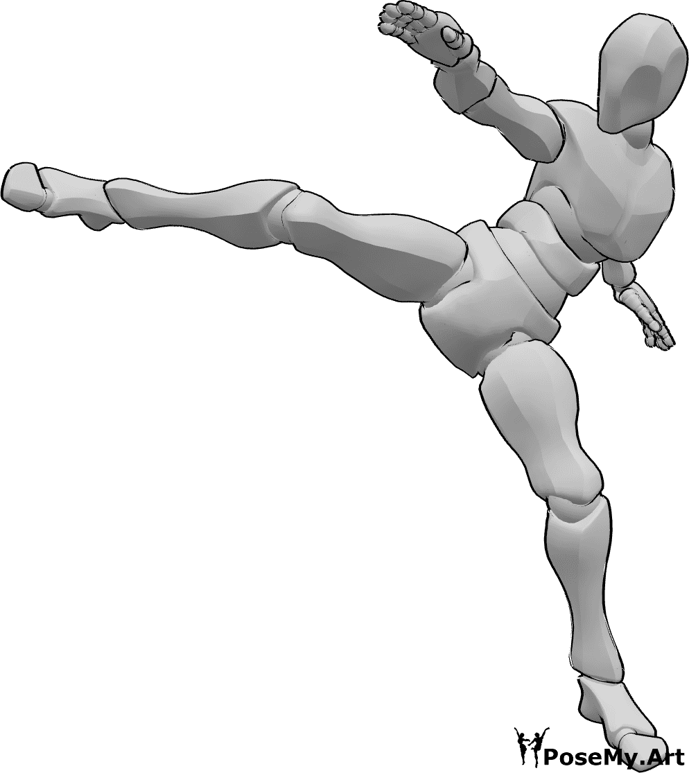 Pose Reference- Spinning back kick pose - Male dynamic spinning back kick with right foot