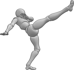 Referência de poses- Pose de pontapé de capoeira feminina - Pontapé alto giratório de capoeira dinâmica feminina com o pé direito