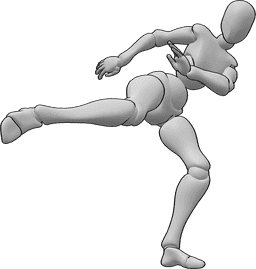 Posen-Referenz- MMA Low Kick Pose - Weibliche MMA Low Kick Pose, dynamisches Treten mit dem rechten Fuß