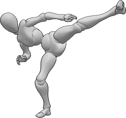 Referencia de poses- Postura de patada lateral de MMA - Postura de patada lateral alta de MMA femenina, patada dinámica con el pie izquierdo