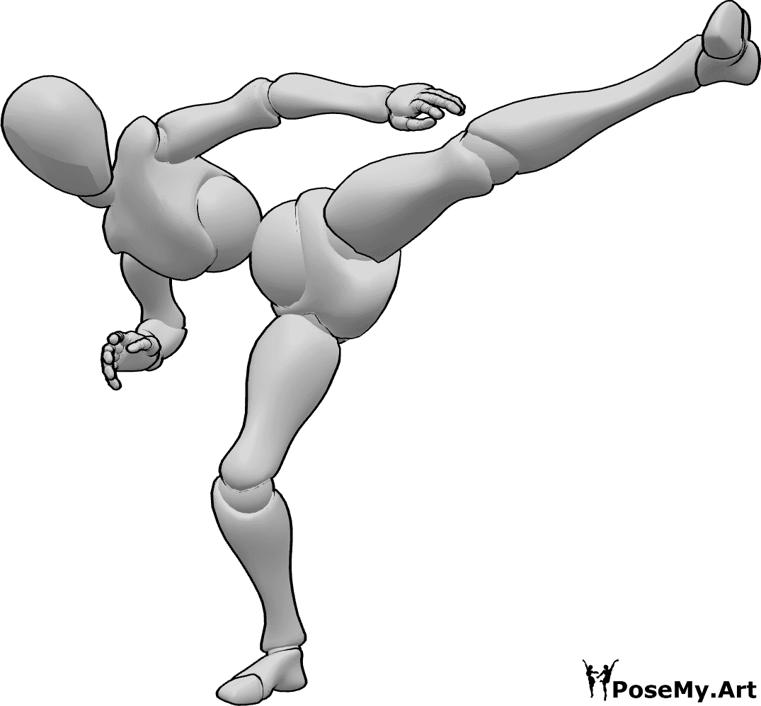 Pose Reference- MMA side kick pose - Female MMA high side kick pose, dynamic kicking with left foot