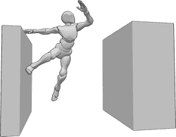 Referência de poses- Pose de Parkour a saltar paredes - O homem está a saltar para as paredes, saltando de uma parede para outra