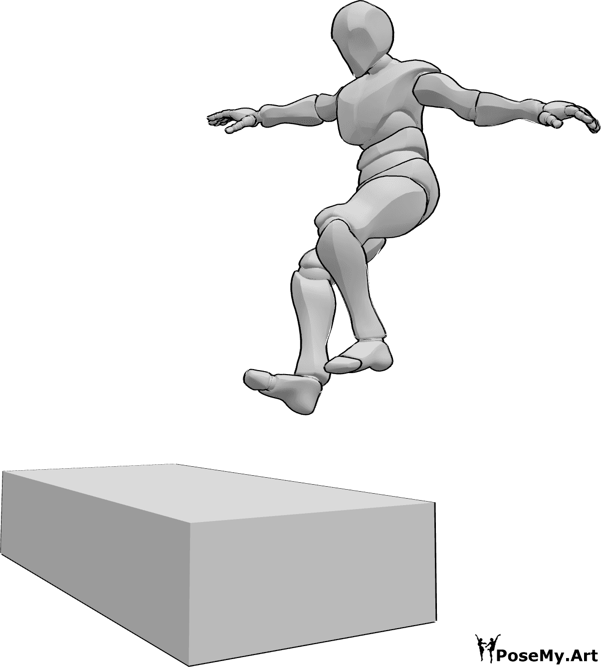 Pose Reference- Parkour landing wall pose - Male is jumping from high, preparing for landing on a wall, spreads his arms